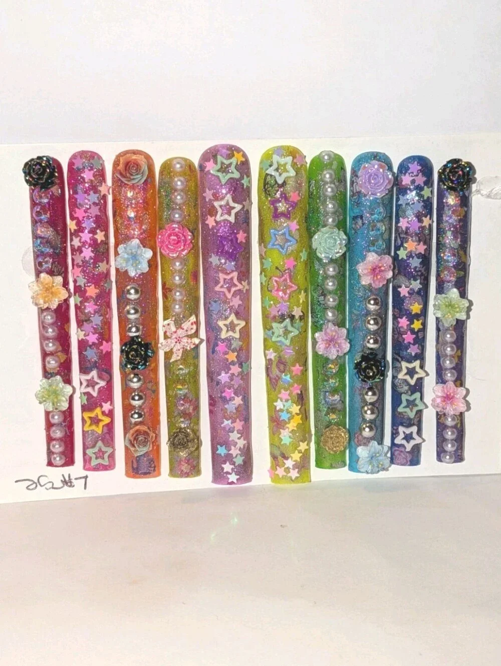 Hand Crafted Shimmering 6Xl Acrylic Colorful Designed Press On Nails Sz Large